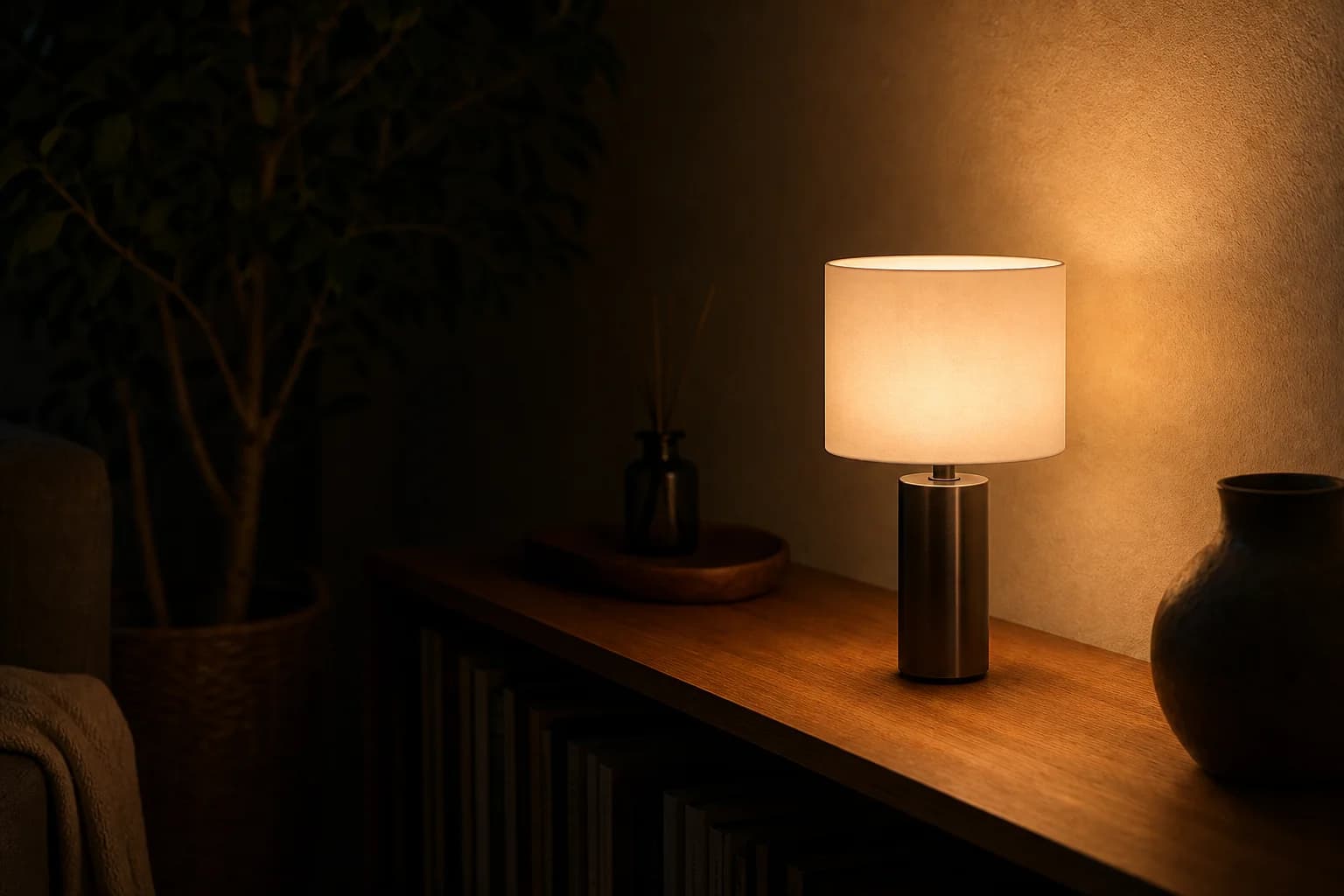 A cordless Bord lamp lit warm on a shelf in a dim room